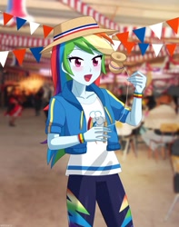 Size: 963x1225 | Tagged: safe, artist:riouku, derpibooru import, rainbow dash, human, equestria girls, g4, 2d, blushing, chile, clothes, cutie mark on clothes, female, flag, irl, irl human, jacket, multicolored hair, open mouth, open smile, outdoors, pants, photo, rainbow hair, ramadas, real life background, shirt, smiling, solo, thunderbolt, trompo, wristband