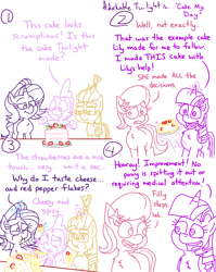 Size: 4779x6013 | Tagged: safe, artist:adorkabletwilightandfriends, derpibooru import, lily, lily valley, moondancer, spike, starlight glimmer, twilight sparkle, twilight sparkle (alicorn), alicorn, comic:adorkable twilight and friends, adorkable, adorkable twilight, cake, cheek bulge, cheese, comic, concerned, cute, dork, eating, food, friendship, funny, happy, humor, kitchen, magic, melted, messy, messy eating, pepper, slice of life, smiling, strawberry, table