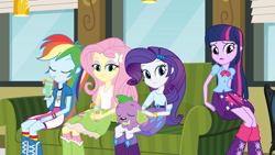 Size: 1280x720 | Tagged: safe, derpibooru import, screencap, fluttershy, rainbow dash, rarity, spike, twilight sparkle, dog, human, equestria girls, g4, belt, boots, clothes, drink, drinking, food, group, indoors, milkshake, my little pony equestria girls, polka dot socks, quintet, rainbow socks, shirt, shoes, skirt, socks, sofa, spike the dog, striped socks, tanktop, tea