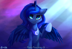 Size: 2400x1621 | Tagged: safe, artist:行豹cheetahspeed, derpibooru import, princess luna, alicorn, pony, series:paint a picture about life, g4, crown, cute, green eyes, hoof shoes, horn, jewelry, looking at you, moonlight, night, peaceful, peytral, princess shoes, raised hoof, raised leg, regalia, solo, spread wings, wings