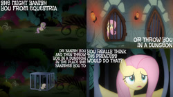 Size: 1280x720 | Tagged: safe, derpibooru import, edit, edited screencap, editor:quoterific, screencap, fluttershy, pegasus, pony, a bird in the hoof, g4, season 1, dungeon, everfree forest, female, mare