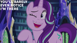 Size: 1280x720 | Tagged: safe, derpibooru import, edit, edited screencap, editor:quoterific, screencap, starlight glimmer, pony, unicorn, equestria girls, g4, mirror magic, dialogue, equestria girls specials, female, horn, indoors, mare, one eye closed, solo, wink