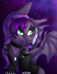 Size: 1024x1326 | Tagged: safe, artist:mychelle, derpibooru import, oc, oc:pandora mojo, bat pony, pony, clothes, female, jacket, leather, leather jacket, mare, night, solo