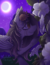 Size: 900x1165 | Tagged: safe, artist:mychelle, derpibooru import, oc, oc:phantom petals, bat pony, pony, female, flower, flower in hair, mare, moon, night, outdoors, solo