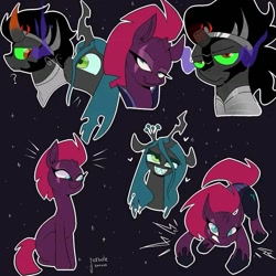 Size: 715x715 | Tagged: safe, artist:sickbelle, derpibooru import, king sombra, queen chrysalis, tempest shadow, pony, unicorn, g4, evil smile, gritted teeth, hoof shoes, horn, looking at you, question mark, smiling, teeth