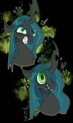 Size: 600x1000 | Tagged: safe, artist:sickbelle, derpibooru import, queen chrysalis, changeling, changeling queen, g4, black background, evil smile, gritted teeth, hair over one eye, open mouth, simple background, smiling, teeth, tongue, tongue out