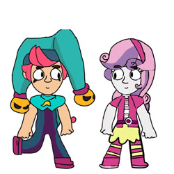 Size: 828x828 | Tagged: safe, artist:chesteranderson, derpibooru import, sweetie belle, human, equestria girls, g4, brawl stars, brawler, chester, chester (brawl stars), clothes, crossover, duo, duo male and female, female, hat, jester, jester hat, male, shipping, supercell