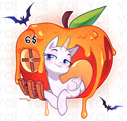 Size: 1910x1828 | Tagged: safe, derpibooru import, oc, bat, pony, adoptable, apple, art, base, character, commission, food, halloween, holiday, pumpkin, smiling, smirk, solo, your character here