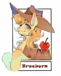 Size: 2295x2858 | Tagged: safe, artist:t4cdd, derpibooru import, braeburn, earth pony, pony, apple, blushing, chest fluff, clothes, cowboy hat, food, frame, hat, jacket, looking at you, male, simple background, solo, stallion, text, white background