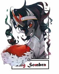 Size: 2339x2946 | Tagged: safe, artist:t4cdd, derpibooru import, king sombra, pony, umbrum, unicorn, armor, clothes, coat, curved horn, fangs, frame, horn, jewelry, male, regalia, simple background, solo, stallion, text, white background