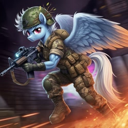 Size: 1024x1024 | Tagged: safe, ai content, derpibooru import, machine learning generated, fleetfoot, anthro, pegasus, plantigrade anthro, g4, assault rifle, clothes, cosplay, costume, fatigues, female, fleetflex, footloose (gi joe), g.i. joe, generator:google imagen 3.0, gun, helmet, military uniform, muscles, muscular female, prompter:zerowinger, rifle, running, soldier, solo, spread wings, uniform, weapon, wings