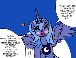 Size: 1173x900 | Tagged: safe, artist:goatpirate, derpibooru import, edit, editor:anonymous, ponerpics import, princess luna, alicorn, pony, g4, /mlp/, blushing, colored, comic, cute, dialogue, drawthread, eyes closed, female, fixed, flat colors, heart, hoof shoes, luna's crown, mare, one-panel comic, open mouth, open smile, peytral, pointing at self, ponified, ponified manga, princess shoes, requested art, s1 luna, smiling, solo, species swap, speech bubble, spread wings, talking to viewer, text, wings