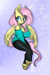 Size: 800x1200 | Tagged: safe, artist:sickbelle, derpibooru import, fluttershy, anthro, pegasus, unguligrade anthro, g4, breasts, hootershy, looking at you, solo