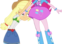 Size: 3587x2520 | Tagged: safe, derpibooru import, edit, edited screencap, editor:homersimpson1983, screencap, applejack, pinkie pie, human, equestria girls, g4, background removed, belt, boots, clothes, cowboy hat, duo, duo female, female, hat, high heel boots, jacket, not a vector, shirt, shoes, skirt, vest