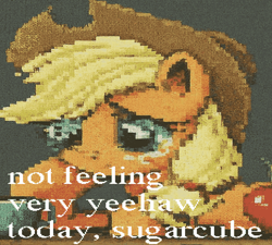 Size: 720x647 | Tagged: safe, derpibooru import, applejack, earth pony, pony, g4, alcohol, apple, applejack is not amused, beer, deep fried meme, drunk, female, food, freckles, hat, hoof on cheek, mare, meme, needs more jpeg, sad, solo, text, unamused