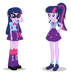 Size: 1116x1155 | Tagged: safe, artist:cwt10101, derpibooru import, sci-twi, twilight sparkle, human, equestria girls, g4, accessory swap, clothes, cutie mark on clothes, duo, duo female, female, glasses, ponytail, sci-twi skirt, self paradox, simple background, skirt, solo, transparent background, twilight sparkle's skirt, twolight, vector