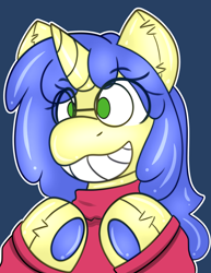 Size: 2824x3656 | Tagged: safe, artist:askhypnoswirl, derpibooru import, oc, oc only, oc:logical leap, pony, unicorn, blue background, clothes, commission, female, forced smile, glasses, grin, horn, inanimate tf, looking at you, mare, pool toy, rubber, simple background, smiling, smiling at you, solo, sweater, transformation, unicorn oc, ych result