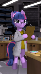 Size: 2160x3840 | Tagged: safe, artist:owlpirate, derpibooru import, sci-twi, twilight sparkle, semi-anthro, unicorn, g4, 3d, 4k, clipboard, clothes, female, glasses, high res, horn, indoors, lab coat, laboratory, looking at you, mare, smiling, smiling at you, solo, source filmmaker, unicorn sci-twi