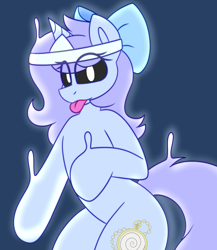 Size: 3856x4440 | Tagged: safe, artist:askhypnoswirl, derpibooru import, oc, oc only, oc:swirly daze, ghost, ghost pony, undead, unicorn, blue background, bow, commission, female, hair bow, horn, looking at you, mare, simple background, solo, tongue, tongue out, unicorn oc