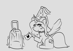 Size: 1484x1038 | Tagged: safe, artist:matachu, derpibooru import, oc, oc:mitchy, alicorn, alicorn oc, crossdressing, disney, hat, horn, suitcase, wings