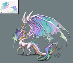 Size: 2064x1785 | Tagged: safe, artist:sevour, derpibooru import, princess celestia, dragon, g4, colored, concave belly, dragoness, dragonified, dragonlestia, female, holes in wings, impossibly large wings, jewelry, large wings, long tail, quadrupedal, regalia, scaled underbelly, sketch, slender, solo, species swap, starry tail, starry wings, tail, thin, vein, veiny wings, wings