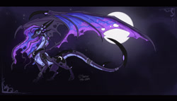 Size: 2542x1449 | Tagged: safe, artist:sevour, derpibooru import, princess luna, dragon, g4, concave belly, countershading, dragoness, dragonified, female, holes in wings, large wings, long tail, lunadragon, moon, night, outdoors, quadrupedal, slender, solo, species swap, tail, thin, wings