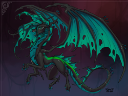 Size: 2217x1662 | Tagged: safe, artist:sevour, derpibooru import, queen chrysalis, dragon, g4, concave belly, dragoness, dragonified, dragonlis, female, flying, holes in wings, large wings, long tail, open mouth, quadrupedal, scaled underbelly, slender, solo, species swap, tail, thin, wings