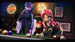 Size: 9600x5400 | Tagged: safe, artist:imafutureguitarhero, derpibooru import, sci-twi, sunset shimmer, twilight sparkle, twilight sparkle (alicorn), alicorn, anthro, classical unicorn, unguligrade anthro, unicorn, g4, 3d, 8 ball, absurd file size, absurd resolution, adidas, alicornified, arcade cabinet, arcade game, arm fluff, billiards, black bars, brick wall, casino, chair, cheek fluff, chest fluff, chin fluff, chromatic aberration, clothes, cloven hooves, colored eyebrows, colored eyelashes, colored wings, cue ball, denim, duo, dutch angle, ear fluff, ear freckles, ears, female, film grain, floppy ears, fluffy, fluffy hair, fluffy mane, fluffy tail, focused, food, freckles, fur, hand freckles, hoodie, horn, indoors, jacket, jeans, leaning, leaning forward, leather, leather jacket, leonine tail, letterboxing, long hair, long mane, long nails, mare, mortal kombat, multicolored hair, multicolored mane, multicolored tail, neck fluff, neon, neon sign, one ear down, open mouth, paintover, pants, peppered bacon, pizza, pool ball, pool table, race swap, revamped anthros, revamped ponies, sci-twilicorn, shirt, signature, smiling, source filmmaker, space invaders, tail, tail fluff, two toned wings, unshorn fetlocks, wall of tags, wing fluff, wing freckles, wings