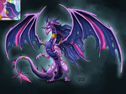 Size: 2217x1662 | Tagged: safe, artist:sevour, derpibooru import, princess twilight 2.0, twilight sparkle, twilight sparkle (alicorn), alicorn, dragon, g4, belly, bracelet, concave belly, dragoness, dragonified, female, flying, jewelry, large wings, long tail, older, older twilight, older twilight sparkle (alicorn), quadrupedal, rearing, regalia, reverse countershading, scaled underbelly, signature, slender, solo, species swap, spread wings, tail, thin, twilidragon, wings