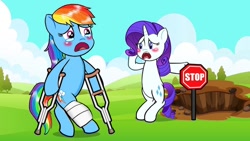 Size: 686x386 | Tagged: safe, artist:spc short, derpibooru import, rainbow dash, rarity, pony, g4, bipedal, cane, crutches, crying, duo, female, hole, injured, mare, outdoors, stop sign, weird youtube kids video, youtube thumbnail