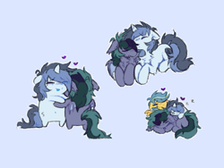 Size: 685x514 | Tagged: safe, artist:flixanoa, derpibooru import, oc, oc:fef, oc:scrimmy, bat pony, pegasus, pony, unicorn, bags under eyes, bat pony oc, bipedal, blue background, blue coat, blue mouth, blue tongue, chest fluff, colored, colored mouth, colored tongue, colored wings, couple, cuddle puddle, cuddling, duo focus, eye clipping through hair, eyebrows, eyebrows visible through hair, eyes closed, fangs, flat colors, floating heart, fluffy mane, folded wings, frown, gay, heart, horn, hug, light blue coat, long tail, lying down, male, male oc, oc name needed, oc x oc, open mouth, open smile, pegasus oc, pony pile, ponysona, prone, shipping, shoulder fluff, simple background, sleeping, smiling, stallion, stallion oc, tail, three toned mane, tired, two toned mane, two toned tail, two toned wings, unicorn oc, wings, yellow coat