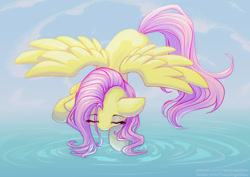 Size: 1414x1000 | Tagged: safe, artist:chaosangeldesu, derpibooru import, fluttershy, pegasus, pony, g4, eyes closed, female, flying, mare, outdoors, sky, solo, spread wings, tail, water, wings