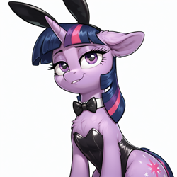 Size: 1024x1024 | Tagged: safe, ai content, derpibooru import, generator:pony diffusion v6 xl, generator:stable diffusion, machine learning generated, twilight sparkle, unicorn twilight, pony, unicorn, g4, bunny suit, clothes, horn, prompter:thelight3d, simple background, smiling, solo