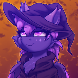 Size: 2000x2000 | Tagged: safe, artist:shad0w-galaxy, derpibooru import, oc, oc only, oc:shadow galaxy, pegasus, pony, :3, autumn, autumn leaves, body markings, bust, cheek fluff, chest fluff, clothes, cute, ear fluff, ears, ethereal mane, female, gradient background, hat, high res, hoodie, leaves, mare, pegasus oc, portrait, smug, solo, starry eyes, starry mane, wingding eyes, witch hat