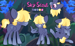 Size: 3294x2025 | Tagged: safe, artist:fillyfool, derpibooru import, oc, oc only, oc:sky scout, pegasus, pony, androgynous, big ears, blonde, blonde mane, blonde tail, colored wings, covering, covering crotch, crotch freckles, ears, ears back, everfree forest, facial markings, feather fingers, female, filly, flustered, foal, folded wings, forest background, freckles, front view, gradient hooves, gradient snout, grin, hair covering face, hair over eyes, hanging, hanging upside down, hooves, lanky, lying down, mealy mouth (coat marking), messy mane, middle feather, middle finger, name, on back, pink eyes, poison joke, raised hoof, raised leg, reference sheet, scrunchy face, short tail, show accurate, skinny, smiling, solo, spread legs, spread wings, spreading, standing, tail, tall, teenager, text, thin, three toned mane, three toned tail, tomboy, two toned wings, underhoof, upside down, vulgar, wing gesture, wing hands, wings