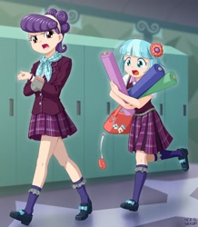 Size: 1000x1147 | Tagged: safe, artist:uotapo, color edit, derpibooru import, edit, editor:overlord 2, coco pommel, suri polomare, human, equestria girls, g4, clothes, crystal prep academy uniform, duo, duo female, female, indoors, lockers, school uniform, skin color edit, uniform