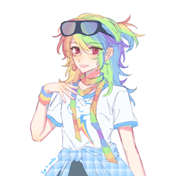 Size: 2048x2048 | Tagged: safe, artist:qiaozhu20289, derpibooru import, rainbow dash, human, g4, anime style, clothes, female, glasses, glasses on head, half body, humanized, multicolored hair, open mouth, open smile, rainbow hair, red eyes, shirt, simple background, smiling, solo, t-shirt, white background