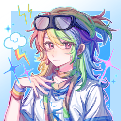 Size: 2048x2048 | Tagged: safe, artist:qiaozhu20289, derpibooru import, rainbow dash, human, g4, abstract background, anime style, bust, clothes, female, glasses, glasses on head, humanized, multicolored hair, passepartout, pink eyes, rainbow hair, shirt, smiling, solo, t-shirt