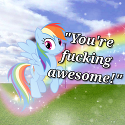 Size: 2048x2048 | Tagged: safe, artist:trrrebleee, derpibooru import, edit, rainbow dash, pegasus, pony, g4, cloud, dreamcore, grass, liminal space, meme, outdoors, positive ponies, rainbow, sky, text, vulgar