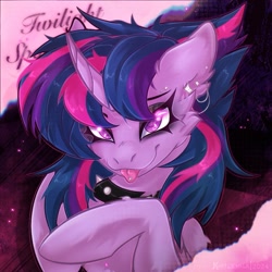 Size: 1181x1181 | Tagged: safe, artist:koffeemilk, derpibooru import, twilight sparkle, twilight sparkle (alicorn), alicorn, pony, g4, :p, alternate hairstyle, choker, eyeshadow, female, looking at you, makeup, mare, piercing, punklight sparkle, smiling, smiling at you, solo, spiked choker, tongue, tongue out, tongue piercing