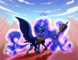 Size: 2200x1700 | Tagged: safe, artist:celes-969, derpibooru import, princess luna, alicorn, pony, g4, armor, horn, outdoors, solo, spread wings, weapon, wings