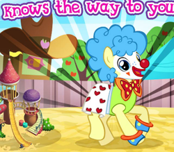 Size: 336x295 | Tagged: safe, derpibooru import, earth pony, pony, g4, clown, cropped, english, gameloft, happy, looking at you, male, meme, my little pony: magic princess, open mouth, open smile, outdoors, rodeo clown, smiling, solo, stallion, text, topspin, wow! glimmer