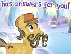 Size: 279x212 | Tagged: safe, derpibooru import, mustafa combe, pony, g4, cropped, english, facial hair, gameloft, hat, male, meme, moustache, mustache crystal pony, my little pony: magic princess, outdoors, smiling, solo, stallion, text, wow! glimmer