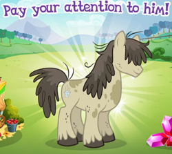 Size: 476x425 | Tagged: safe, derpibooru import, earth pony, pony, g4, cropped, english, gameloft, gem, male, meme, my little pony: magic princess, outdoors, pigpen, solo, stallion, text, wow! glimmer