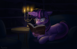 Size: 2811x1785 | Tagged: safe, artist:rerrtiz, derpibooru import, twilight sparkle, unicorn twilight, pony, unicorn, g4, book, dostoevsky, ears, floppy ears, glasses, levitation, magic, night, telekinesis