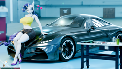 Size: 3840x2160 | Tagged: safe, artist:royalsimp, derpibooru import, rarity, anthro, unicorn, g4, 3d, bottle, car, clothes, garage, heart, high heels, horn, indoors, shirt, shoes, shorts, wheel, workbench