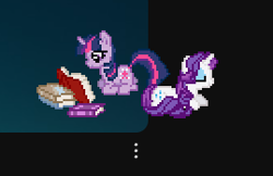 Size: 269x174 | Tagged: safe, derpibooru import, rarity, twilight sparkle, unicorn twilight, pony, unicorn, g4, desktop ponies, digital art, female, horn, lesbian, lying down, mare, pixel art, ponyloaf, prone, rarilight, screenshots, shipping, sprite