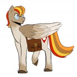 Size: 1800x1800 | Tagged: safe, artist:slapearl, derpibooru import, oc, oc only, pegasus, pony, bag, brown coat, folded wings, full body, multicolored mane, multicolored tail, pegasus oc, pony oc, raised hoof, raised leg, simple background, stallion oc, tail, tan coat, white background, wings