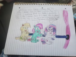 Size: 4032x3024 | Tagged: safe, artist:batman714, derpibooru import, butterscotch, fluttershy, minty, potion nova, pony, g3, g4, g4.5, my little pony: pony life, lined paper, pulling, rope, rule 63, singing, traditional art, tree, trio