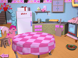 Size: 800x600 | Tagged: safe, derpibooru import, sweet berry, earth pony, pony, g2, book, bowl, cake, closed mouth, cursor, cute, exit, female, flour, flower, food, indoors, kitchen, mare, my little pony: friendship gardens, oven, pc game, present, refrigerator, smiling, solo, spoon, sweet sweet berry, table, tomato, tomatoes, video game